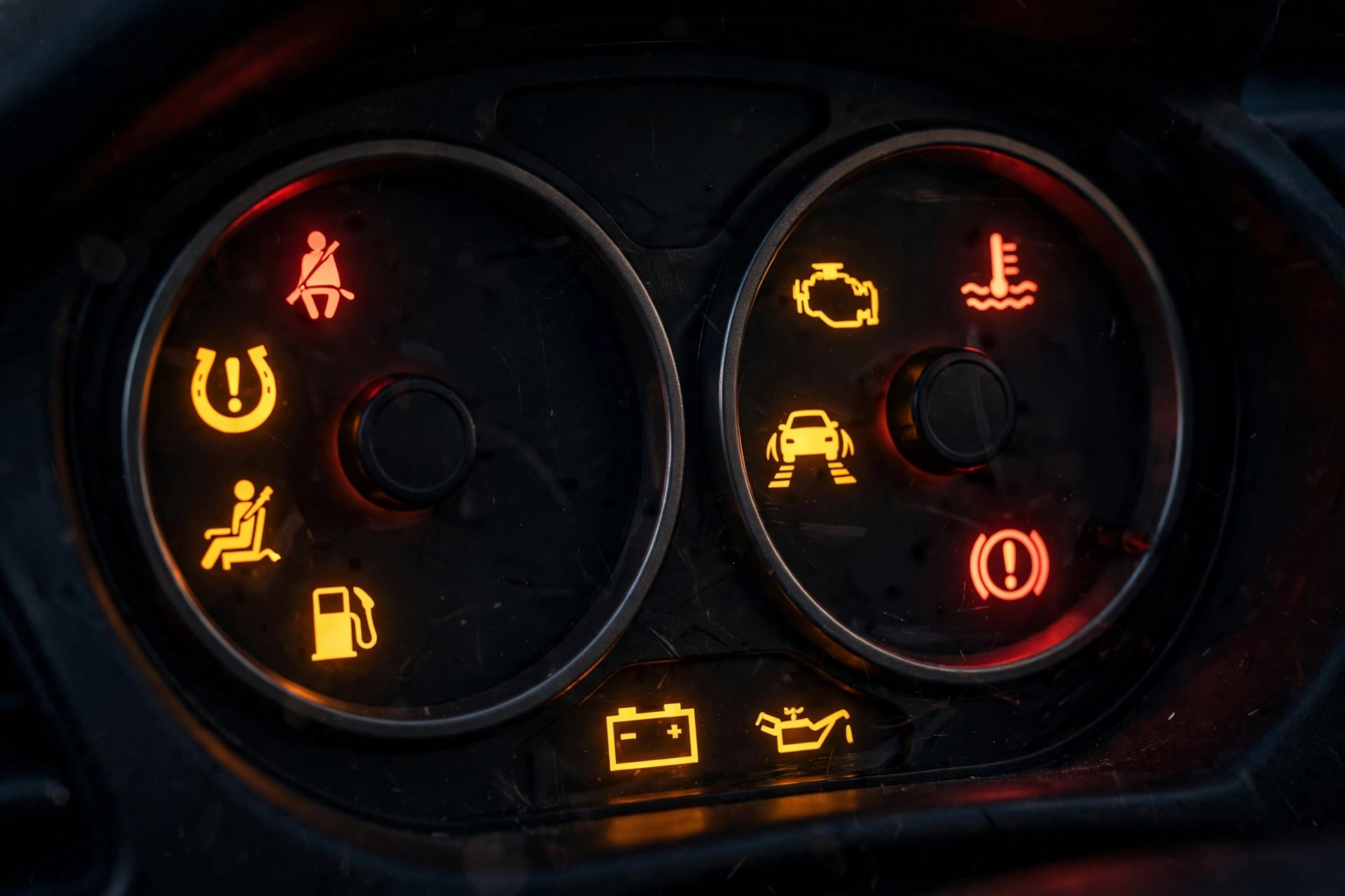 Car dashboard cluster with multiple warning lights illuminated at night