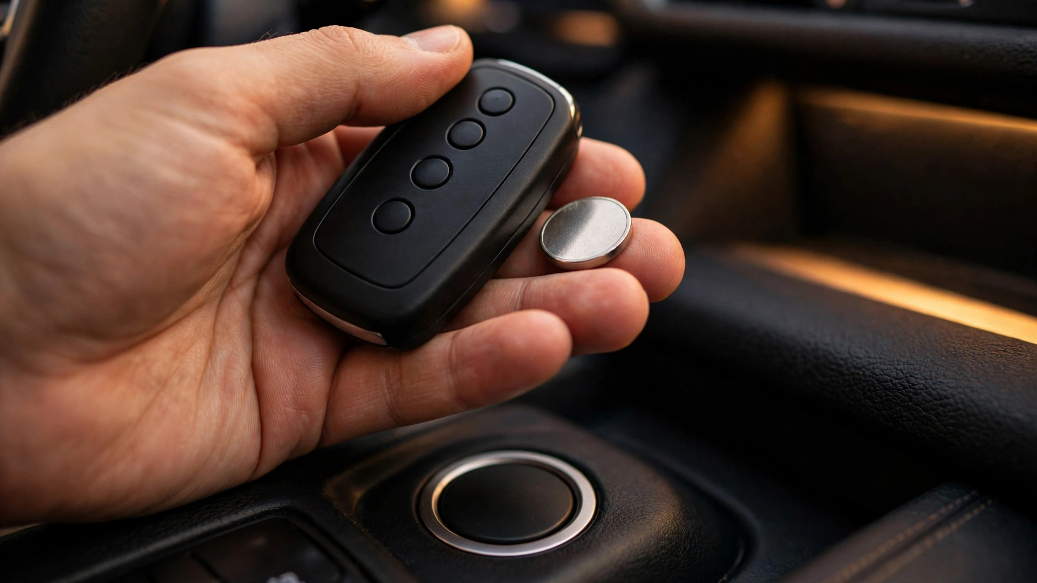 Car key fob with a coin-cell battery held near a car's push-button start ignition