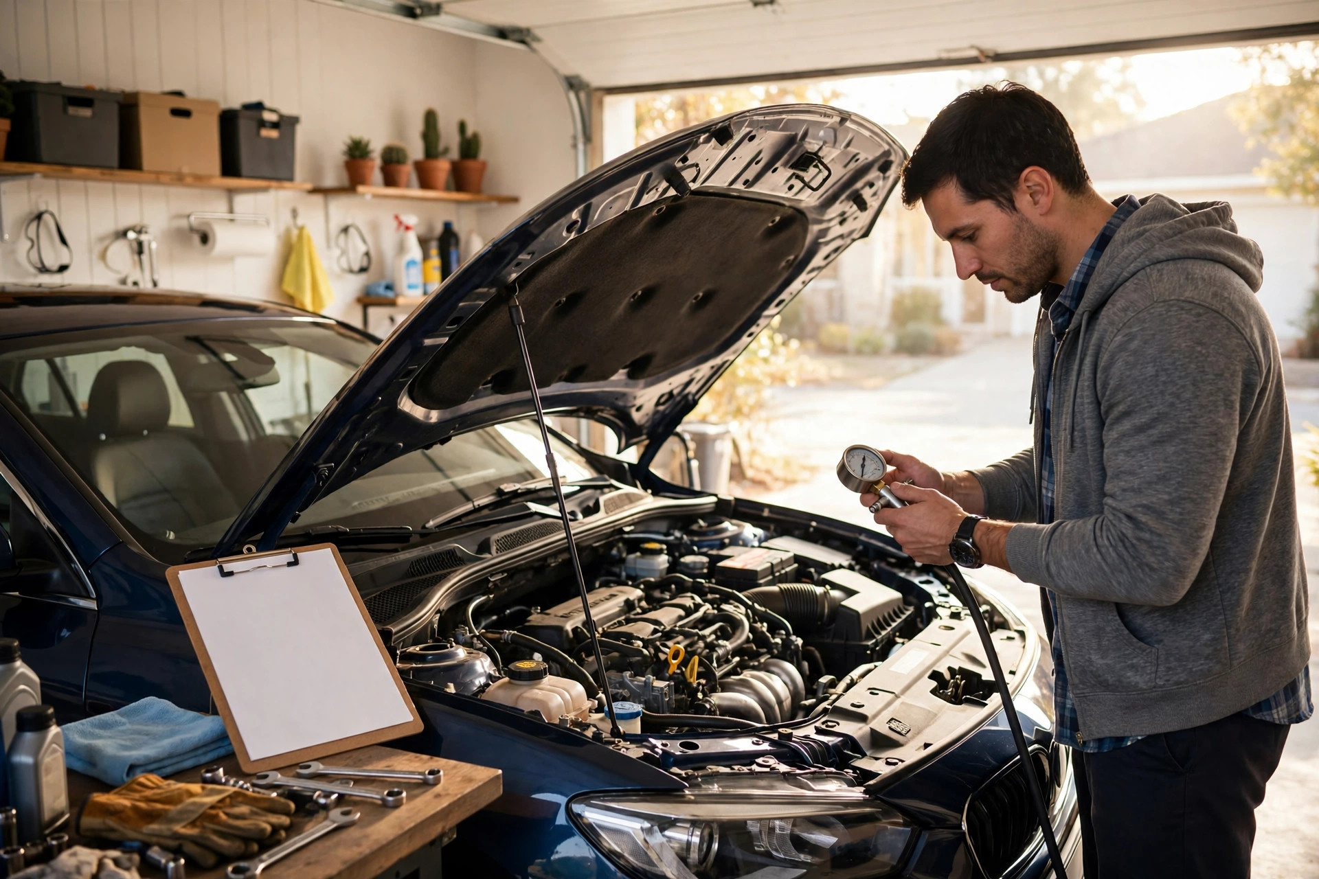 Car owner checking monthly maintenance items under the hood with a clipboard and tire pressure gauge