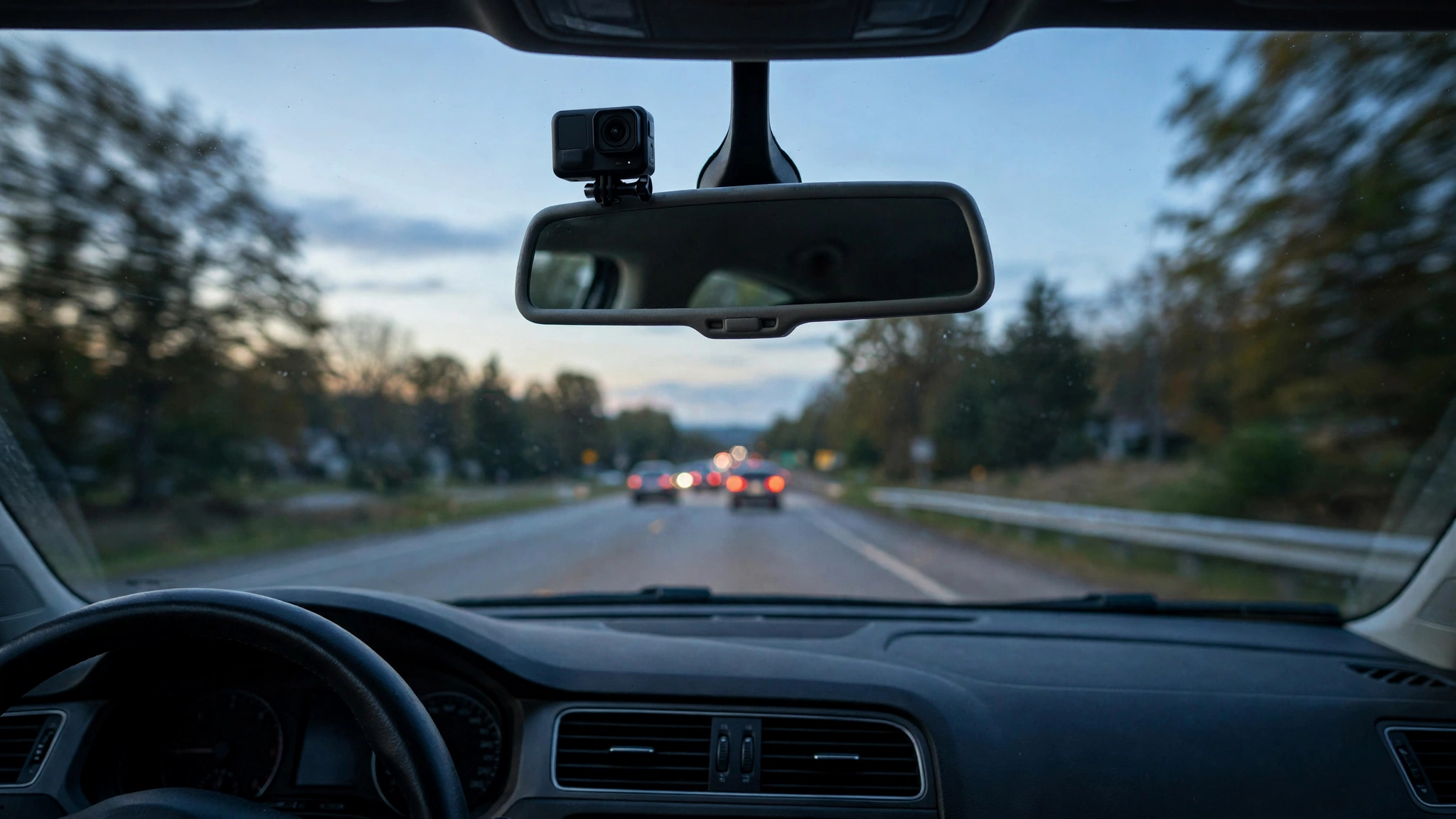 Dash camera mounted on a car windshield above the rearview mirror recording the road ahead at dusk.