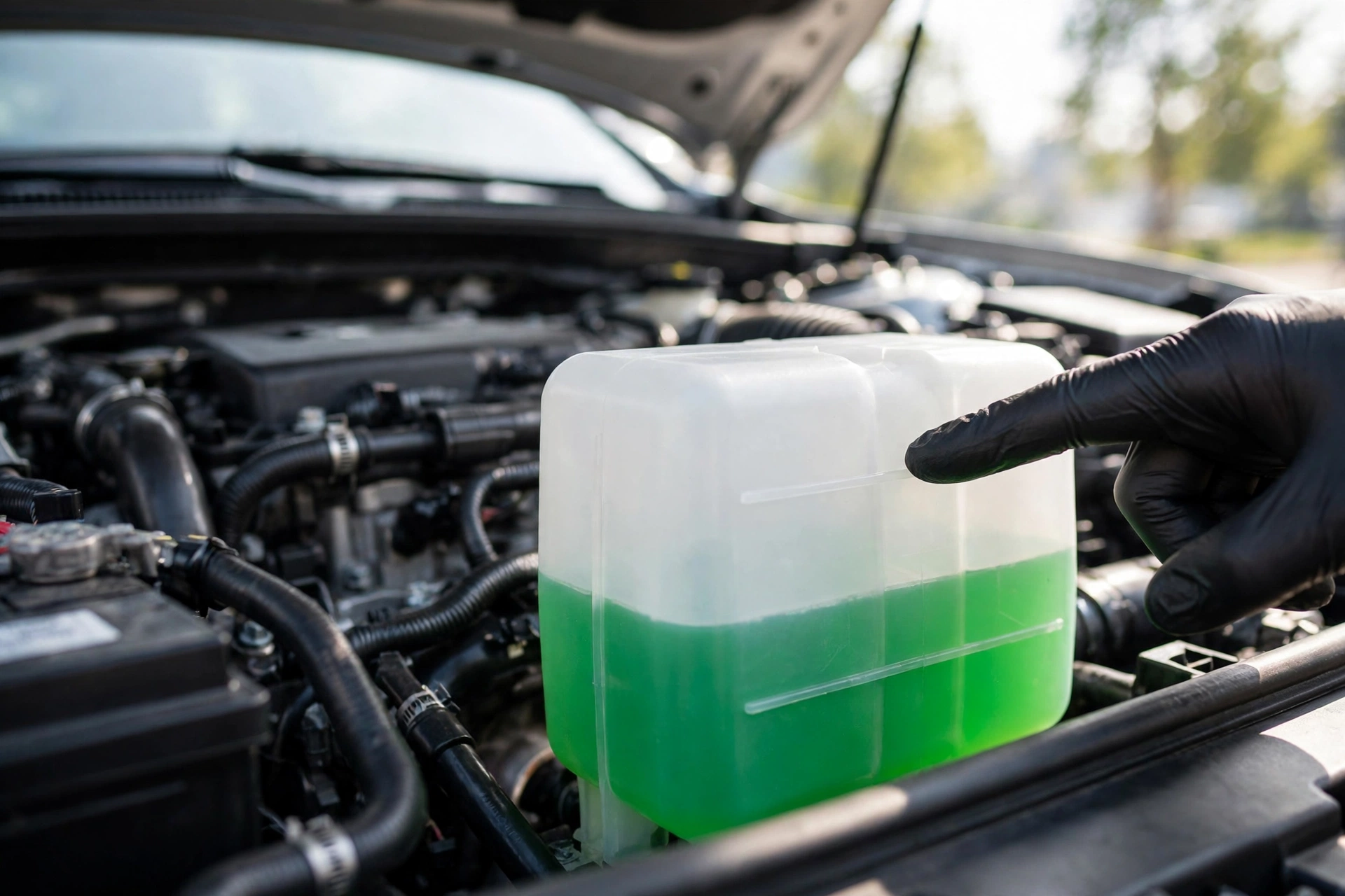 A gloved hand pointing at the green coolant level inside a translucent reservoir tank under a car's open hood