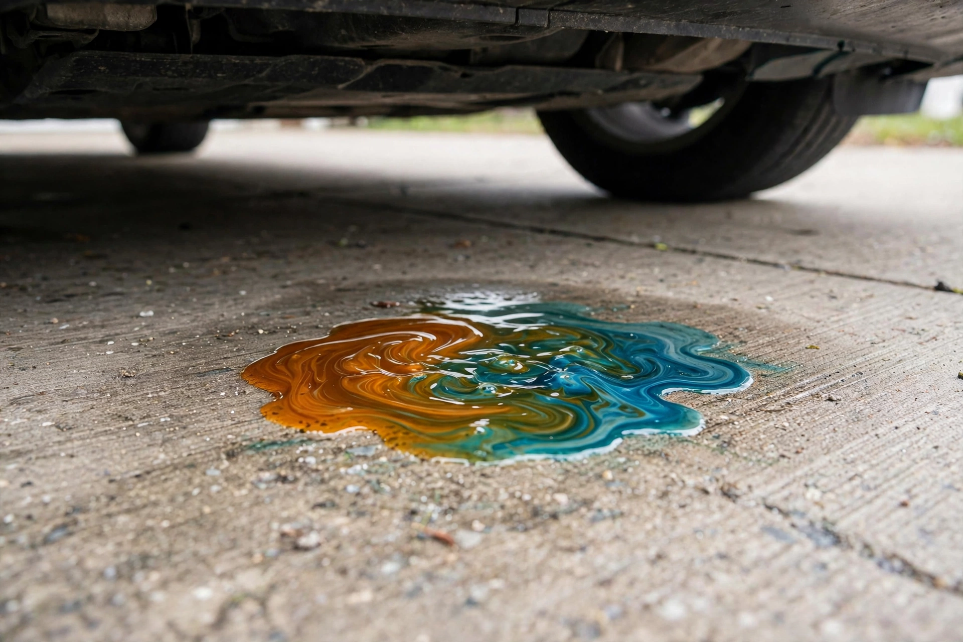 Amber and blue-green car fluid puddle under a car on a home driveway
