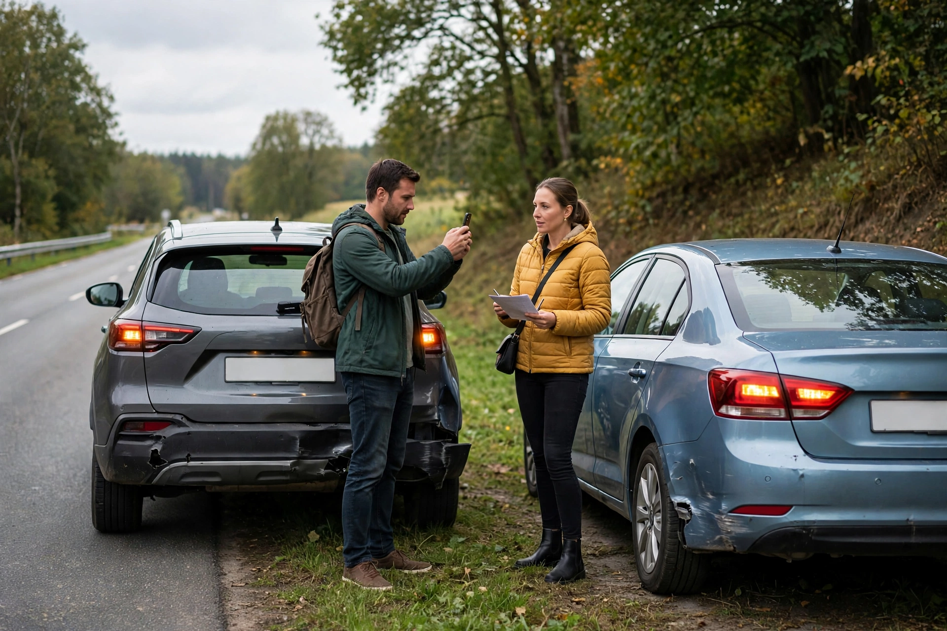 Two drivers calmly exchanging details beside cars with minor bumper damage at the roadside