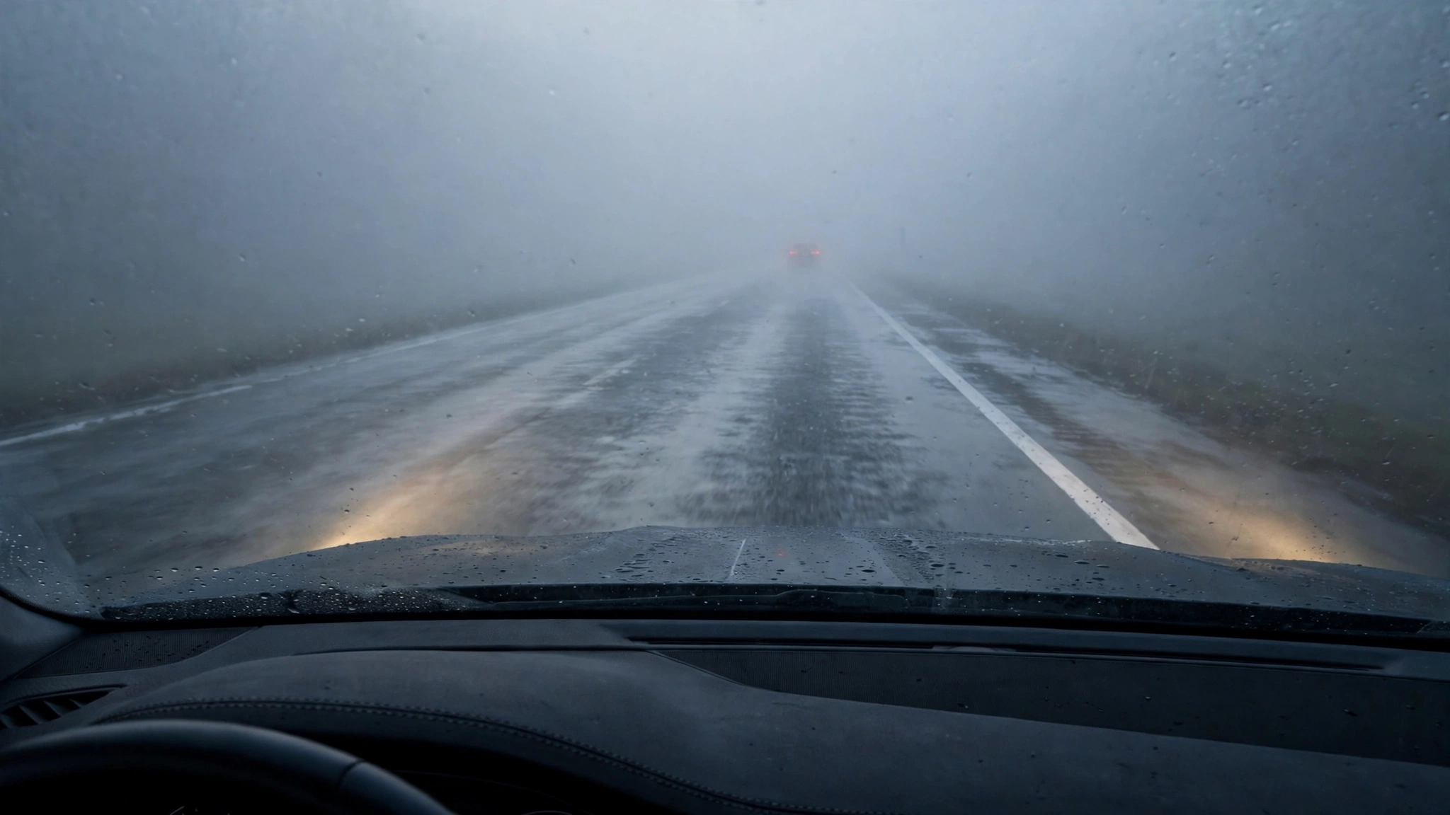 Driver's view through a foggy windshield with low-beam headlights on a wet road