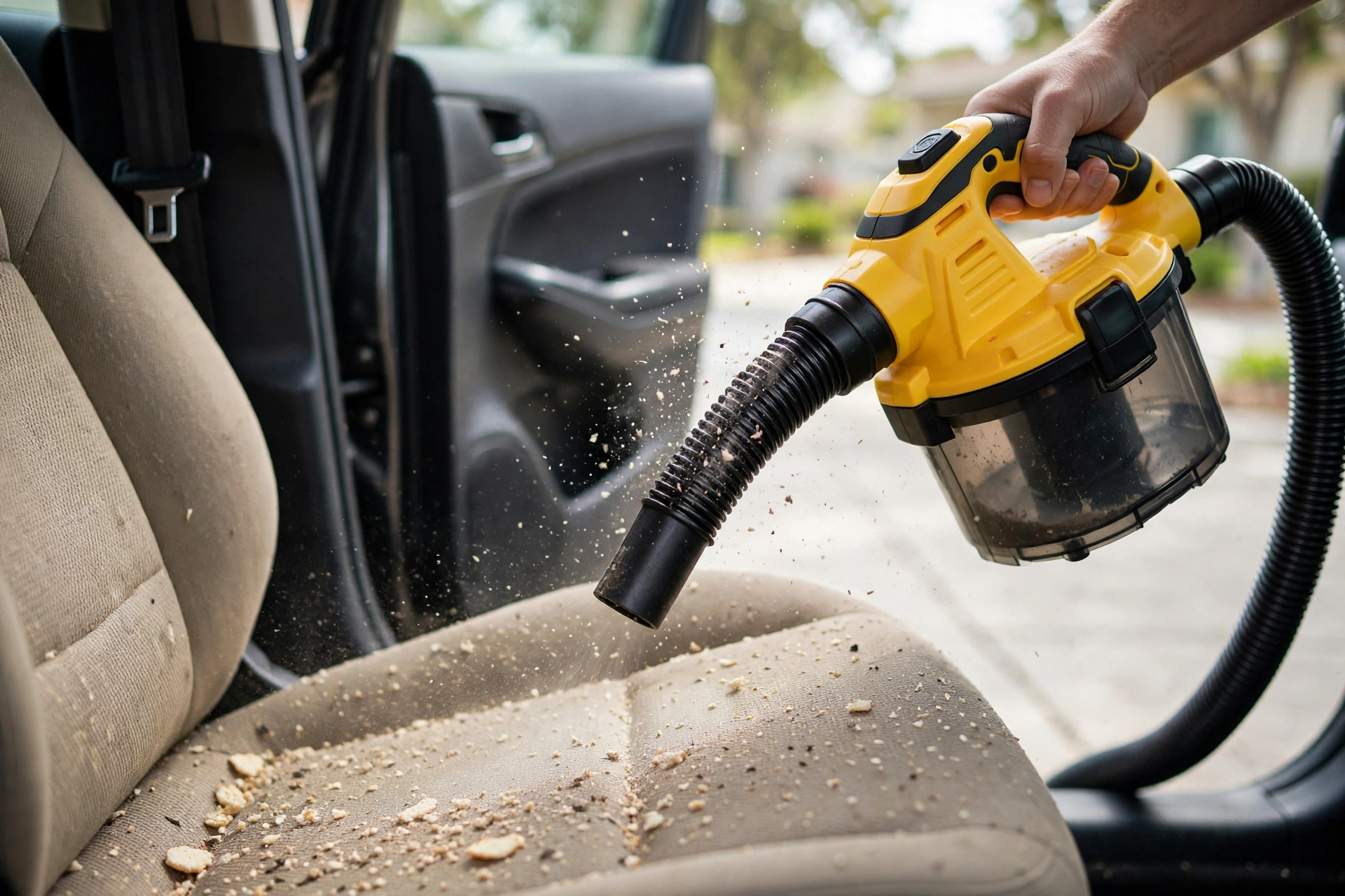Yellow and black DEWALT-style cordless hand vacuum cleaning crumbs from a car seat