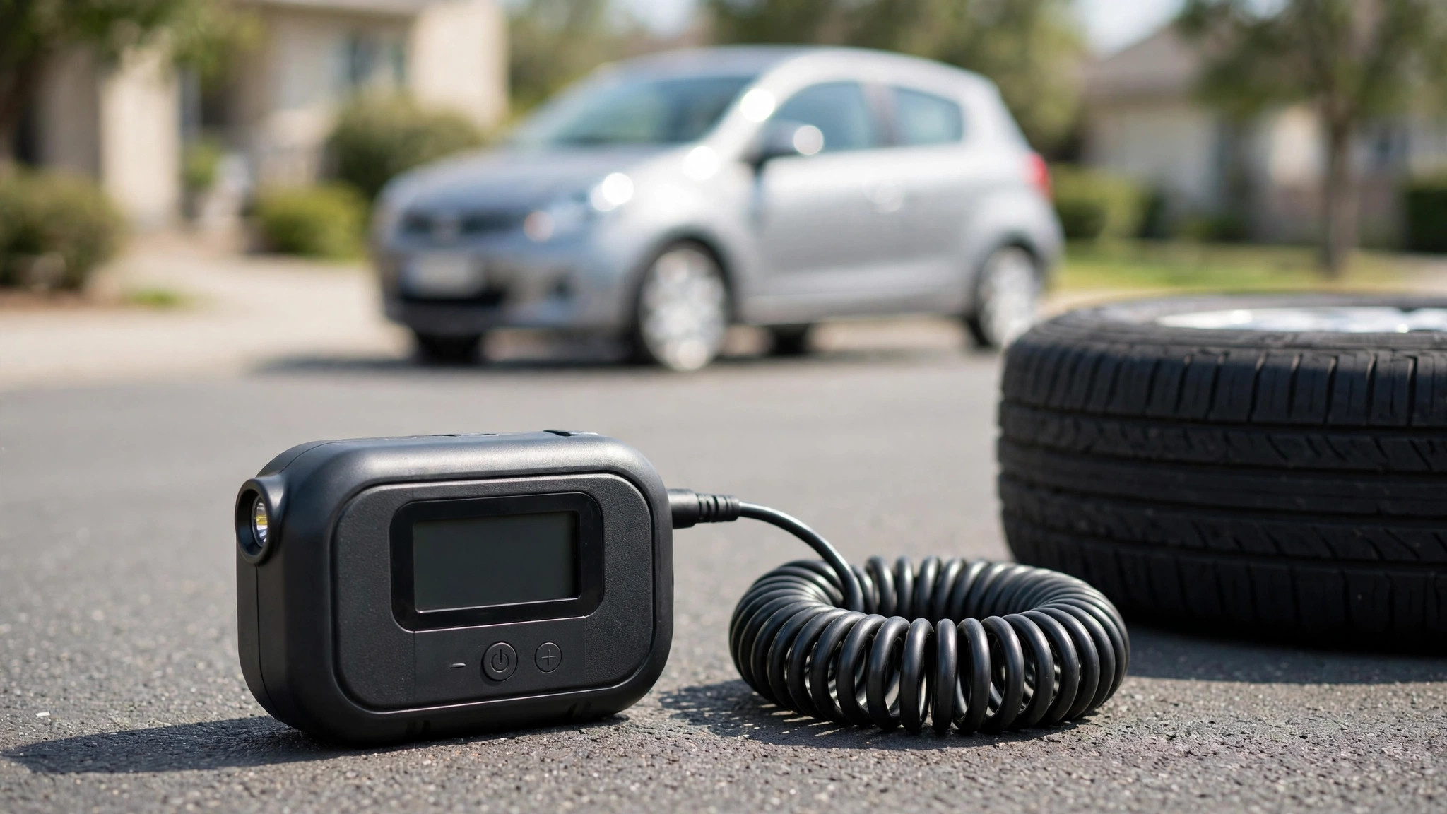 Portable tire inflator with digital pressure gauge and air hose beside a car tire