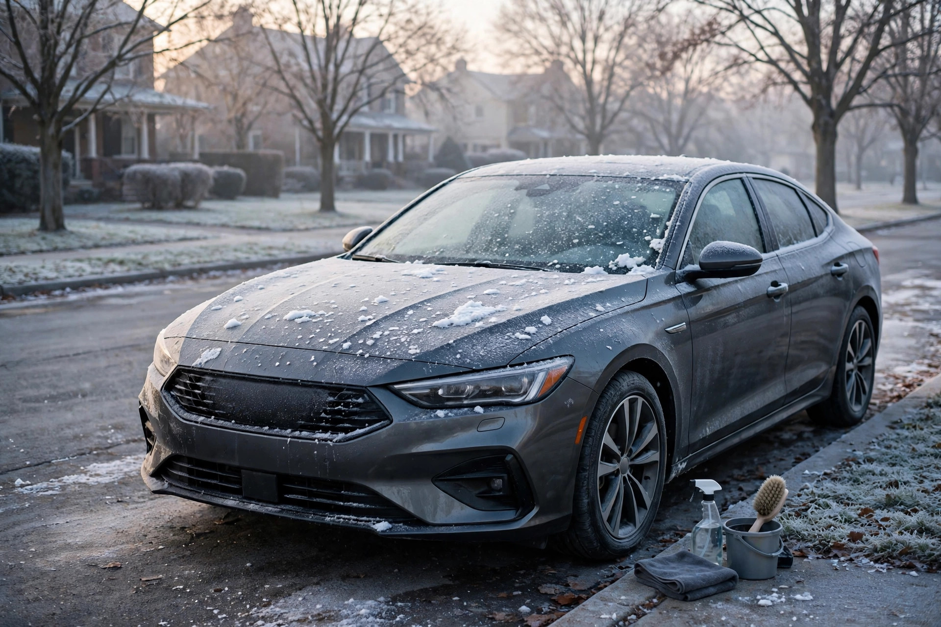 Car with a dusting of snow on the hood on a frosty winter morning