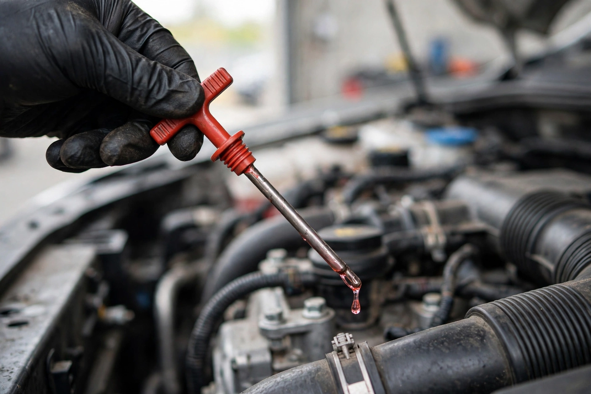 Gloved hand pulling out a red transmission fluid dipstick from a car engine bay