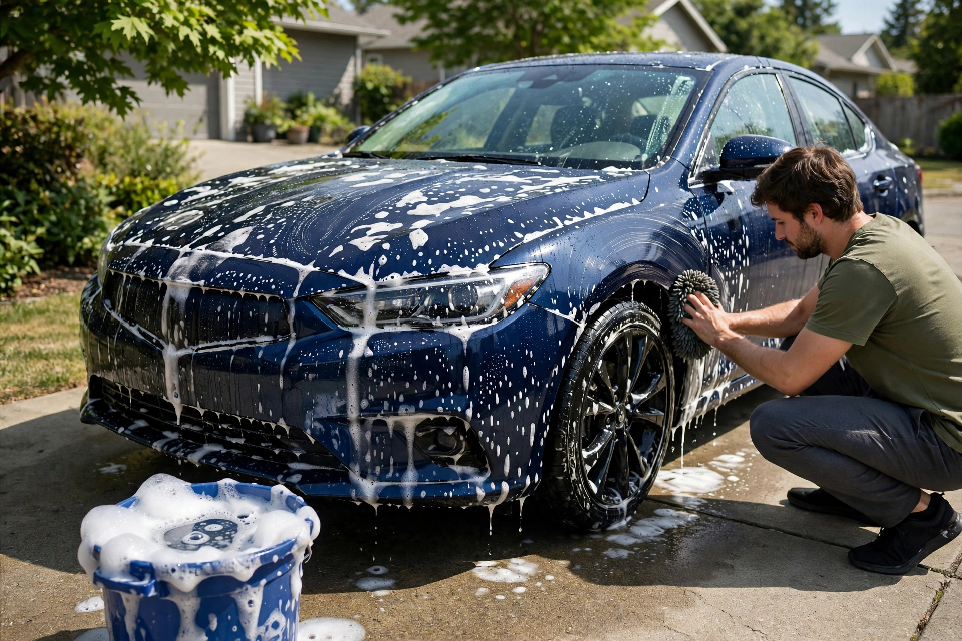 A person hand-washing a dark blue car with a microfiber wash mitt and a bucket of soapy water in bright daylight