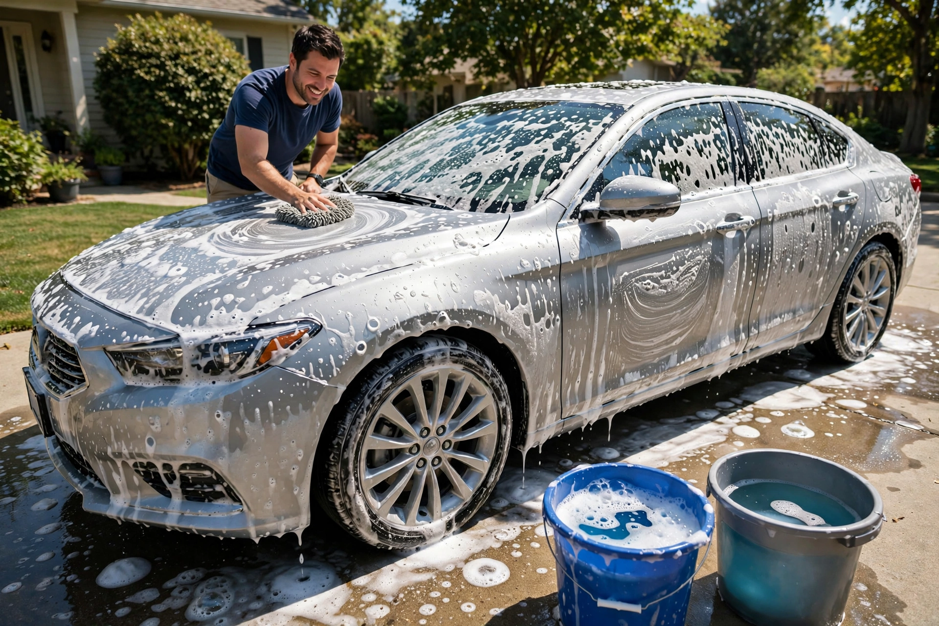 A man hand-washing a silver sedan with a microfiber mitt and two buckets in a sunny driveway