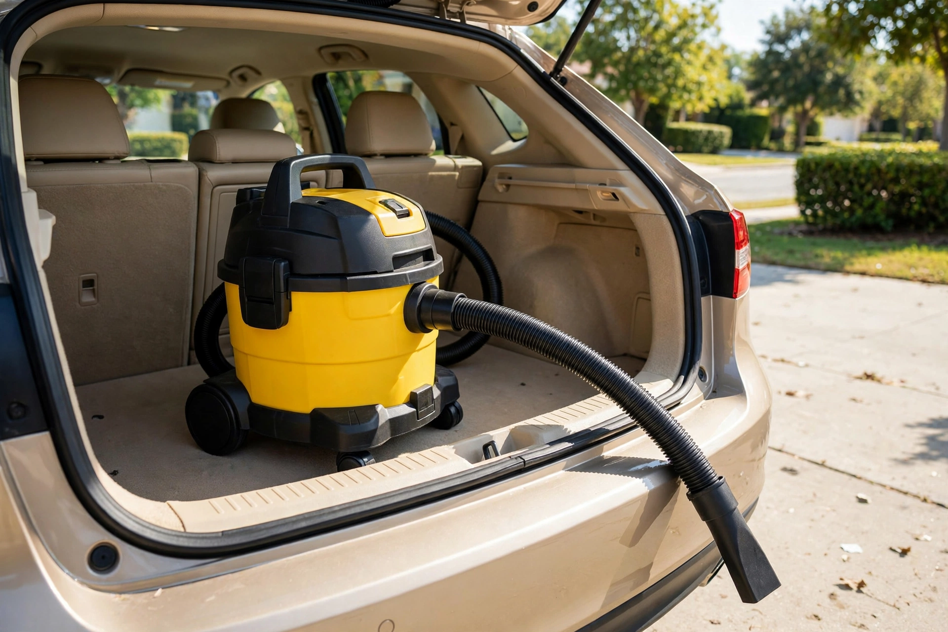 Yellow and black compact wet/dry shop vacuum in an open car trunk with hose attached, ready for car detailing