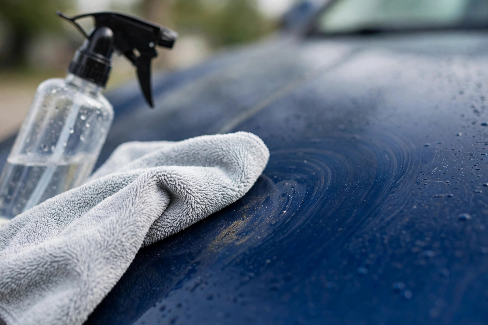 Microfiber cloth and spray bottle ready for safely removing bird droppings and tree sap from car paint