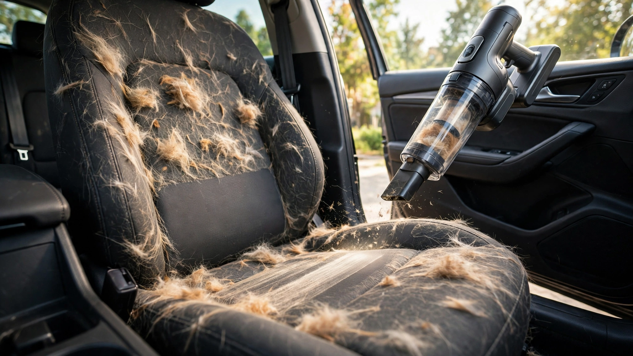Handheld car vacuum cleaning pet hair off a car seat