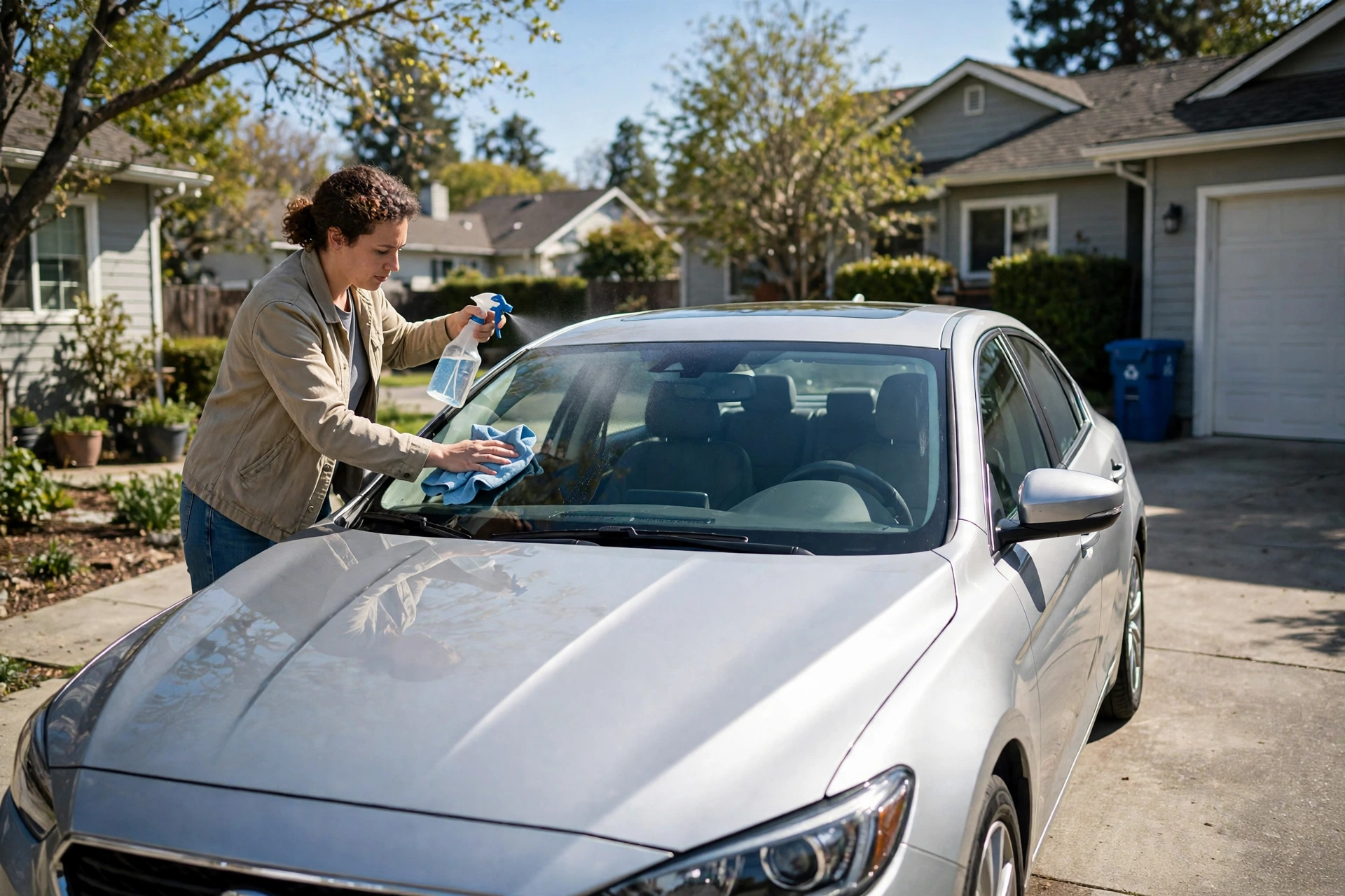Woman cleaning a car windshield with a spray bottle and blue microfiber cloth in a driveway