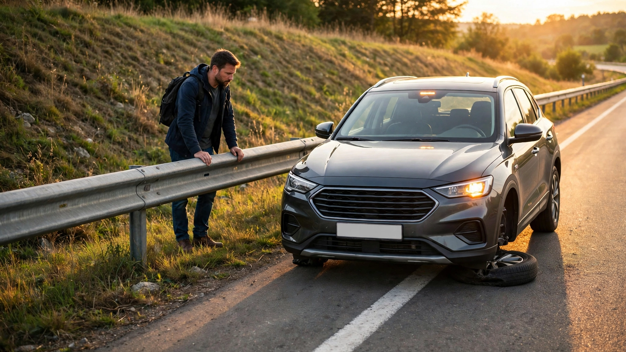 Car with a flat tire pulled onto the highway shoulder at sunset, driver standing safely behind the guardrail