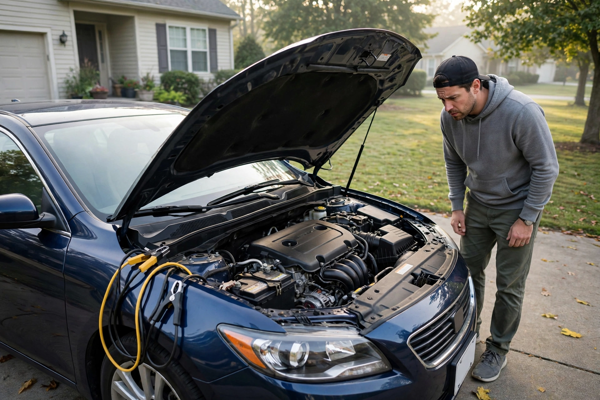 A driver looking under the open hood of a car that won't start, with jumper cables on the fender