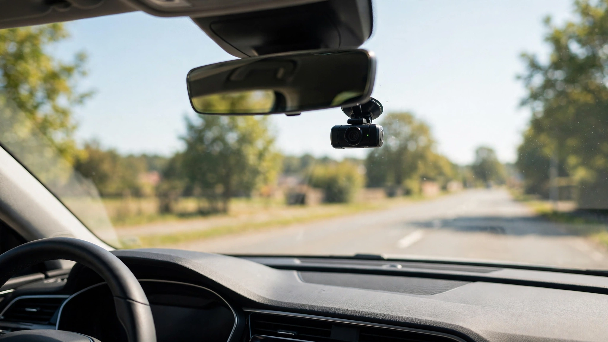 A small dash cam mounted on a car windshield behind the rearview mirror, with a clear road ahead