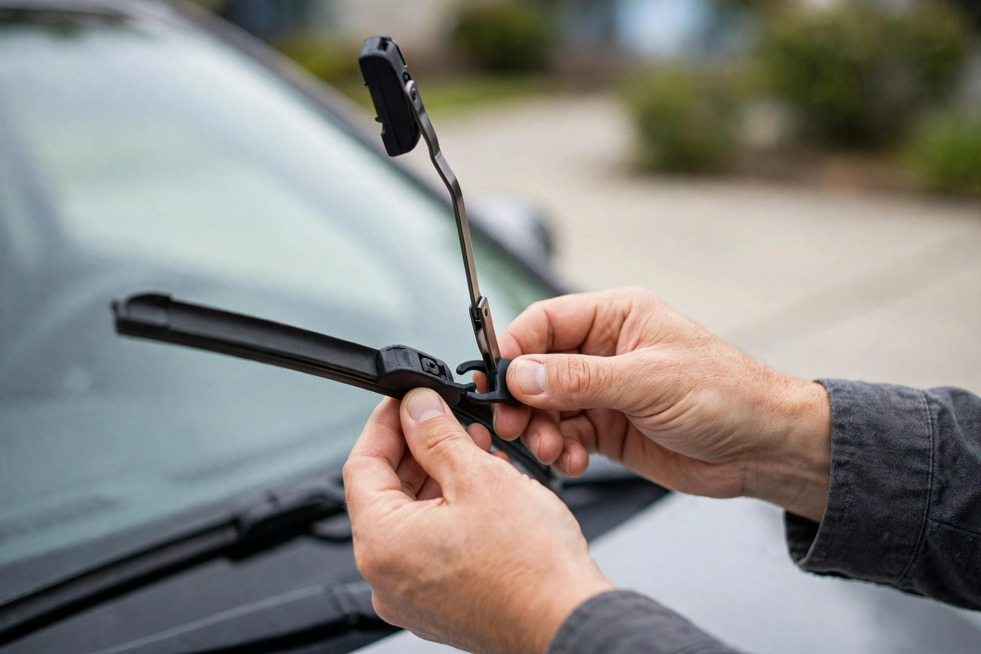 Hands clipping a new windshield wiper blade onto a lifted wiper arm