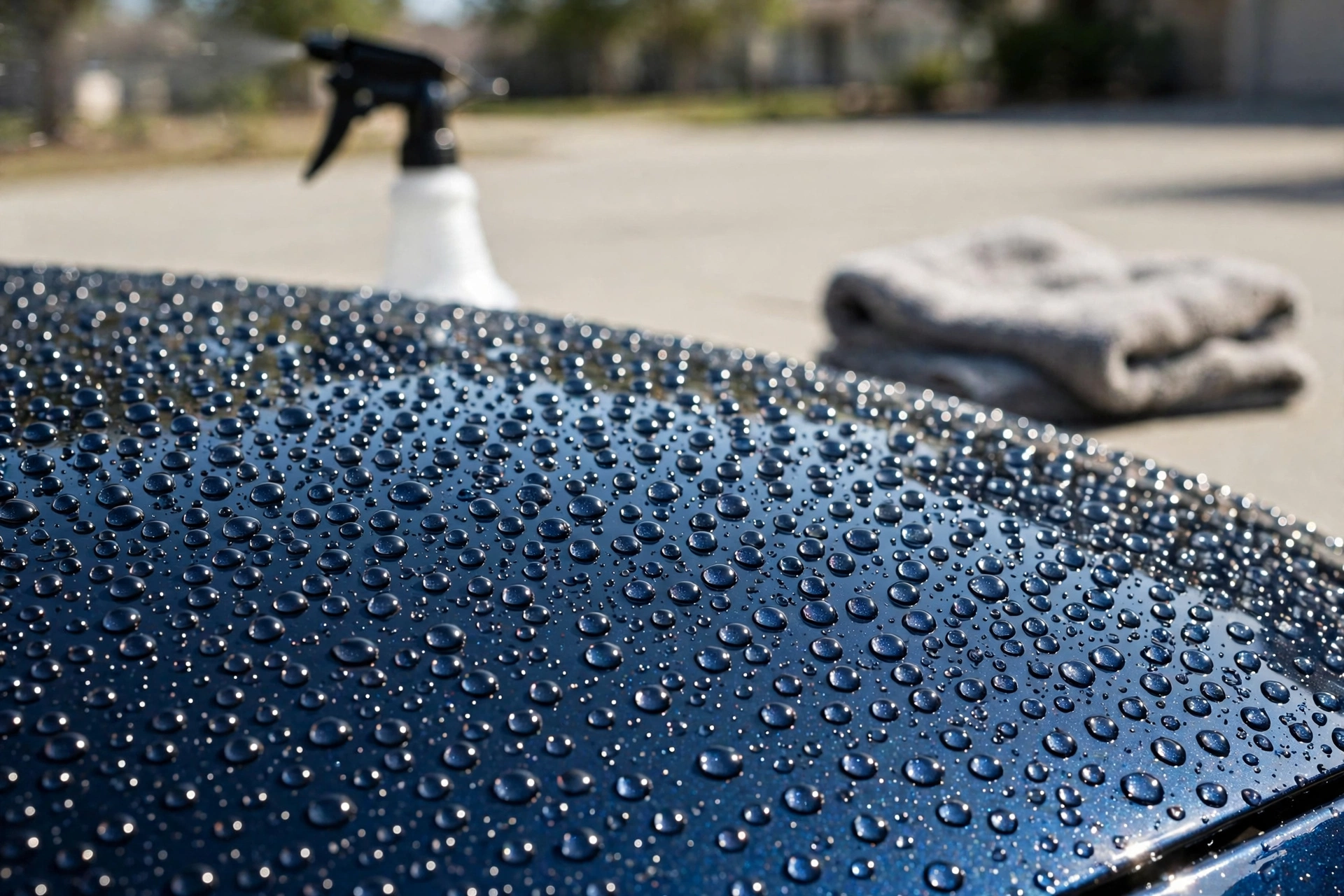 Water beads on dark blue car paint after ceramic spray coating application, with spray bottle and microfiber towel.