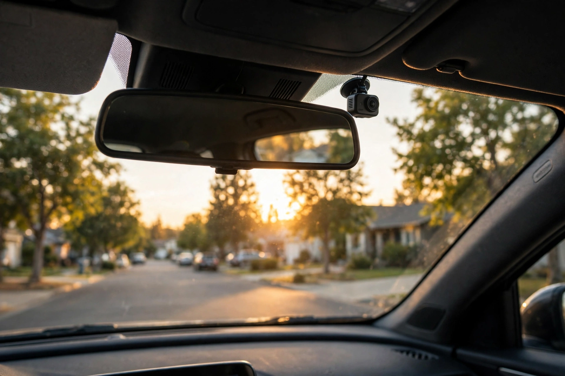 Tiny Garmin Dash Cam Mini 2 mounted discreetly beside a car's rearview mirror at sunset