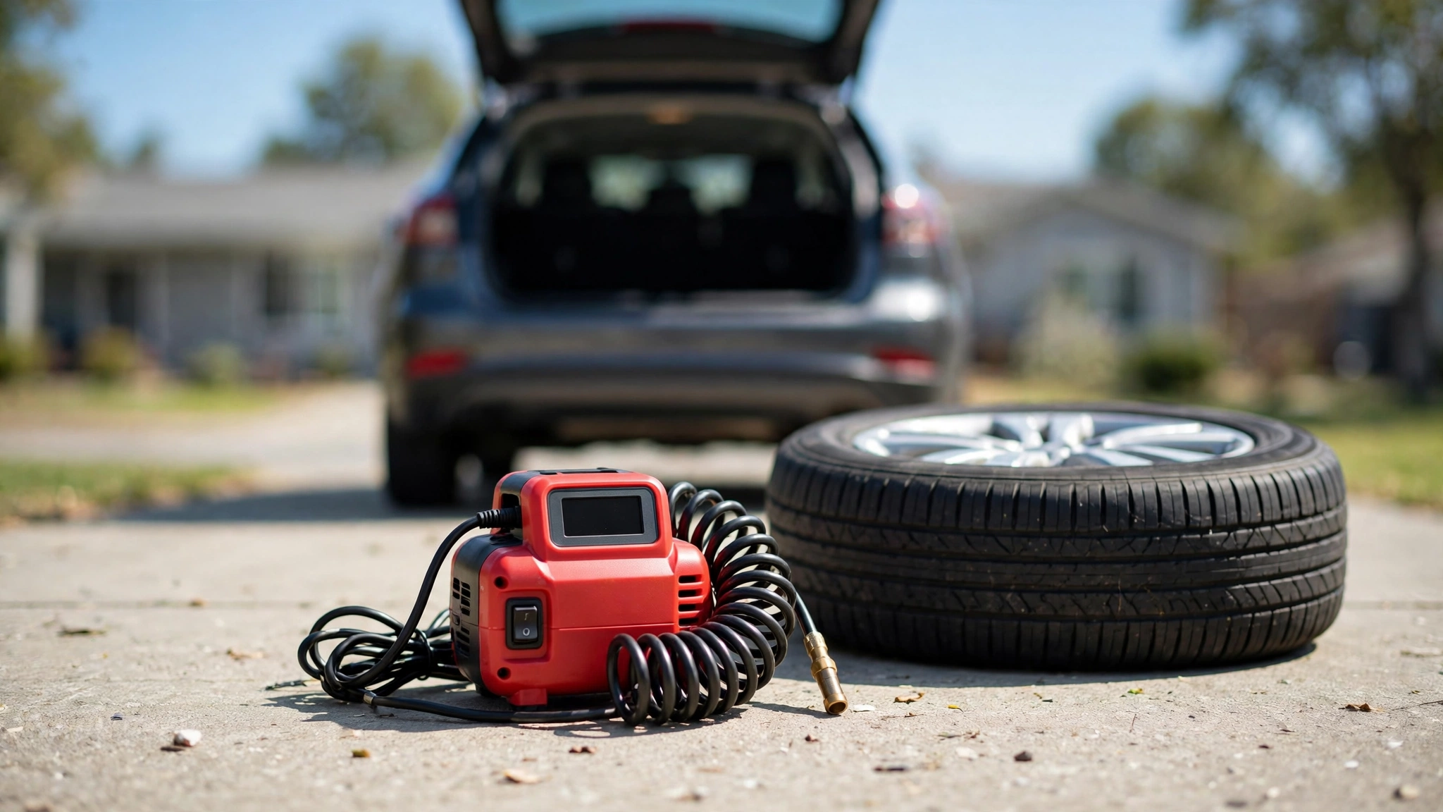 Red portable 12V tire inflator with coiled hose next to a car tire, open car trunk in the background
